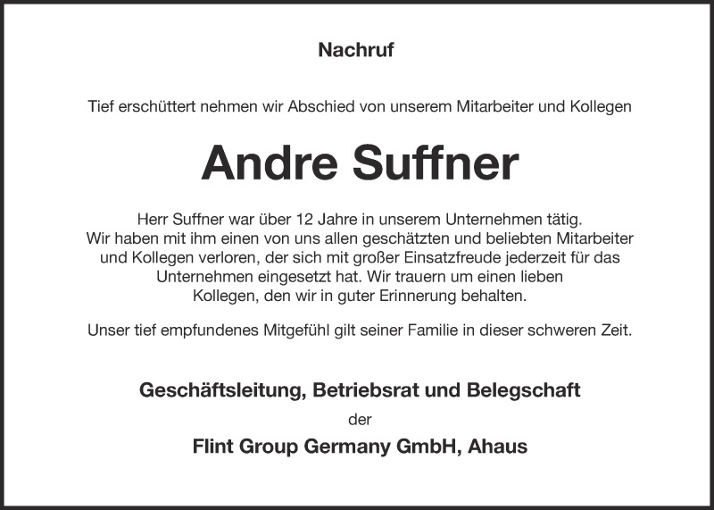  Traueranzeige für Andre Suffner vom 23.01.2015 aus Münstersche Zeitung und Münsterland Zeitung