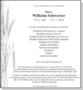 Traueranzeige von Wilhelm Schwerter von Ruhr Nachrichten