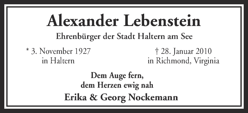  Traueranzeige für Alexander Lebenstein vom 28.01.2015 aus Ruhr Nachrichten und Halterner Zeitung