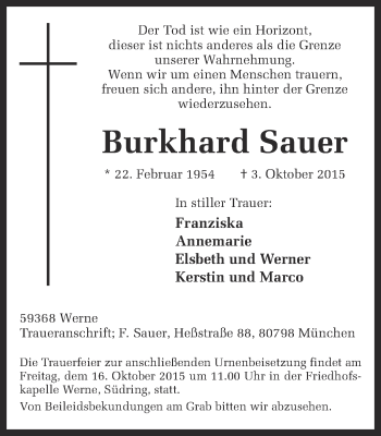 Traueranzeige von Burkhard Sauer von Ruhr Nachrichten