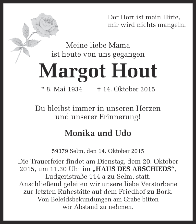  Traueranzeige für Margot Hout vom 16.10.2015 aus Ruhr Nachrichten