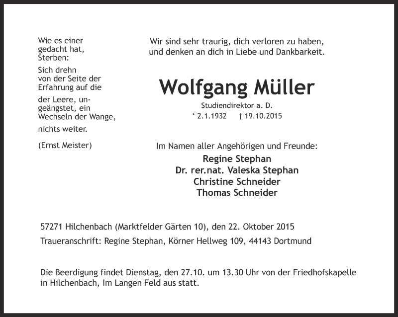  Traueranzeige für Wolfgang Müller vom 22.10.2015 aus Ruhr Nachrichten
