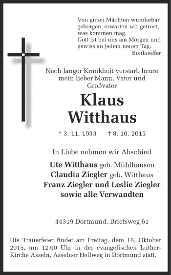 Traueranzeige von Klaus Witthaus von Ruhr Nachrichten