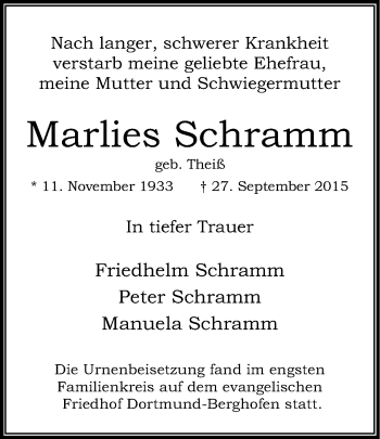 Traueranzeige von Marlies Schramm von Ruhr Nachrichten