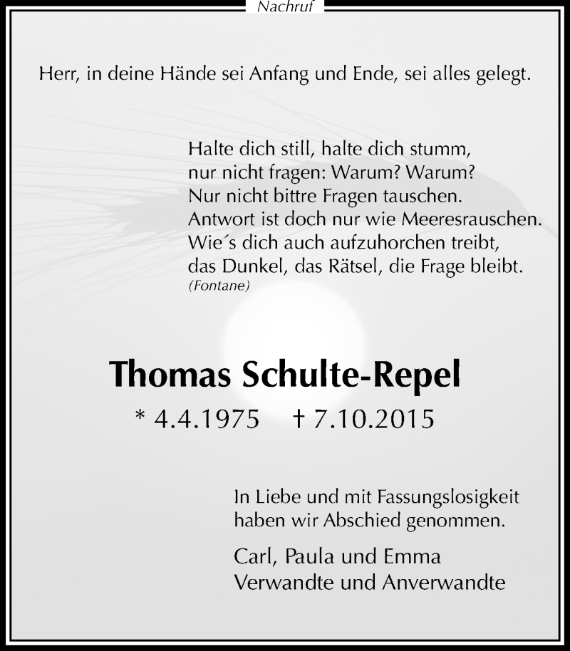  Traueranzeige für Thomas Schulte-Repel vom 27.10.2015 aus Ruhr Nachrichten und Dorstener Zeitung