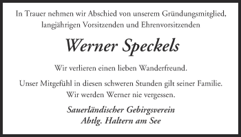 Traueranzeige von Werner Speckels von Ruhr Nachrichten und Halterner Zeitung