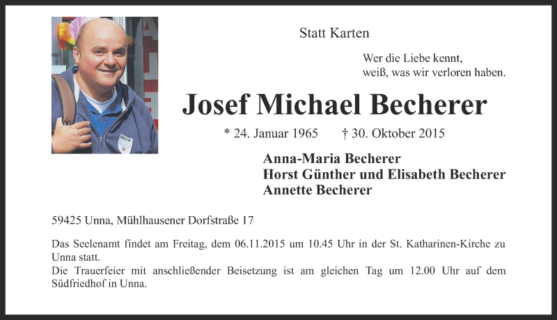  Traueranzeige für Josef Michael Becherer vom 04.11.2015 aus Ruhr Nachrichten
