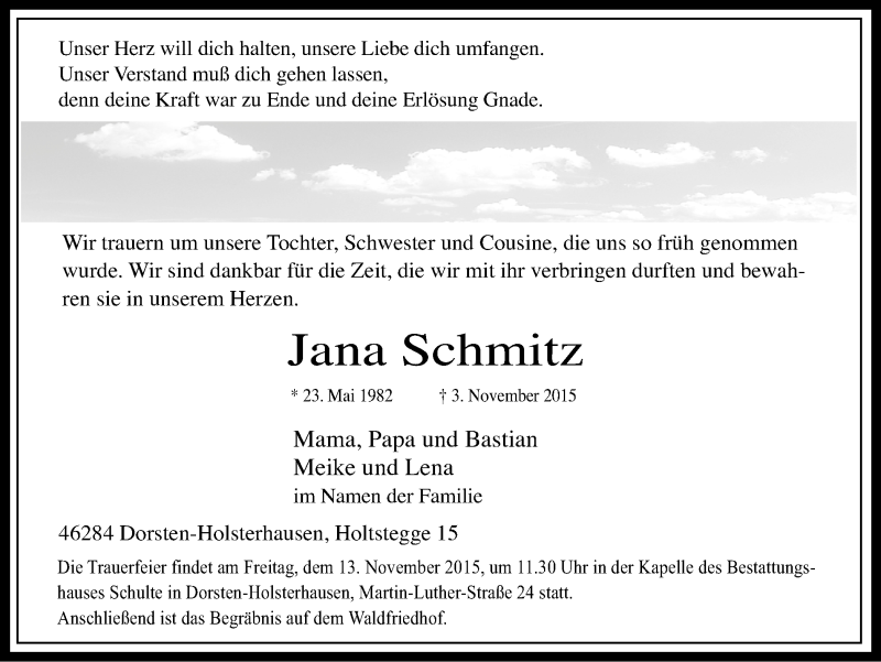  Traueranzeige für Jana Schmitz vom 10.11.2015 aus Ruhr Nachrichten und Dorstener Zeitung