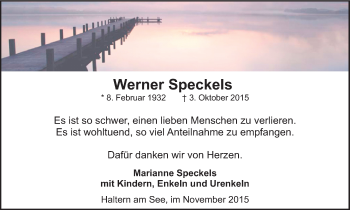 Traueranzeige von Werner Speckels von Ruhr Nachrichten und Halterner Zeitung
