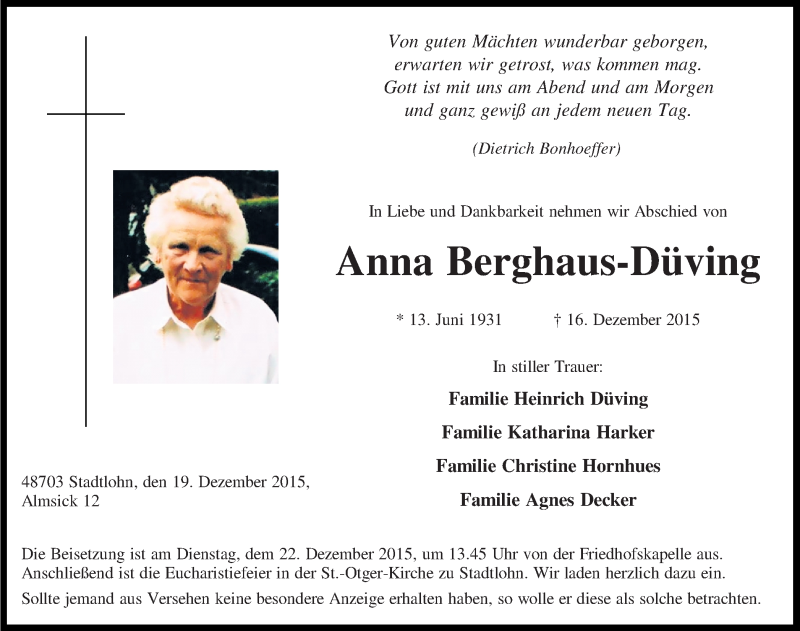  Traueranzeige für Anna Berghaus-Düving vom 19.12.2015 aus Münstersche Zeitung und Münsterland Zeitung