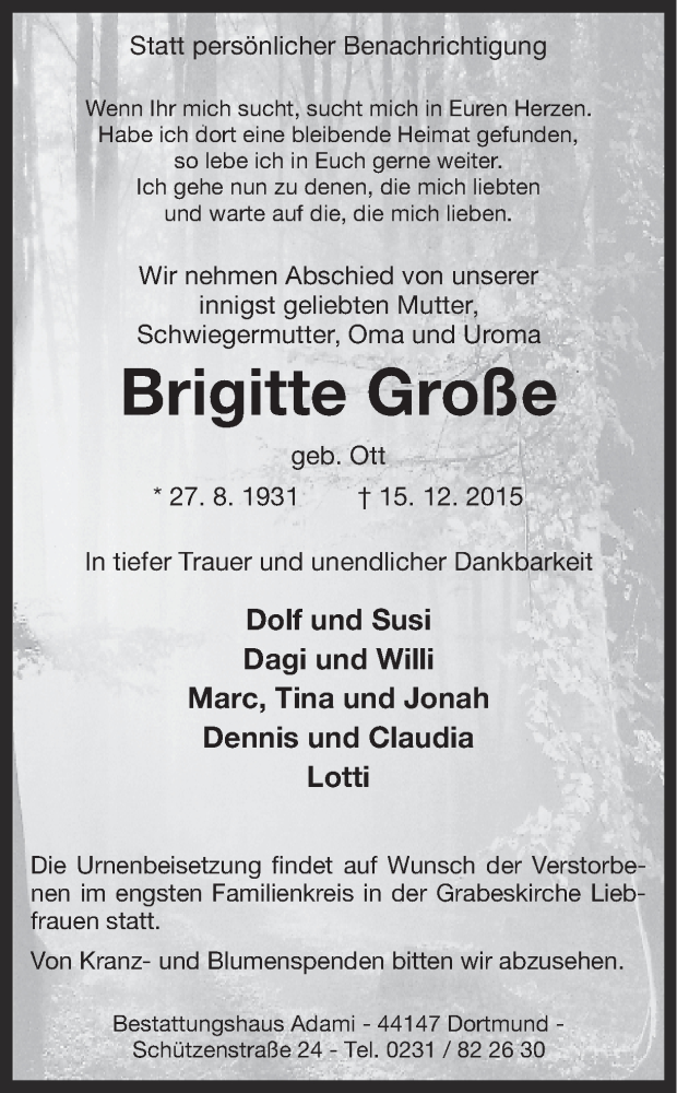  Traueranzeige für Brigitte Große vom 19.12.2015 aus Ruhr Nachrichten