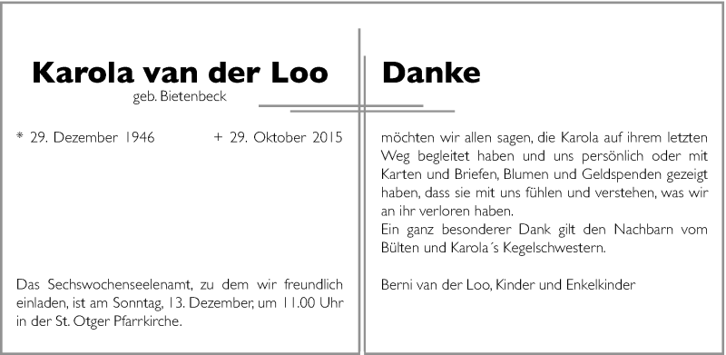  Traueranzeige für Karola van der Loo vom 08.12.2015 aus Münstersche Zeitung und Münsterland Zeitung