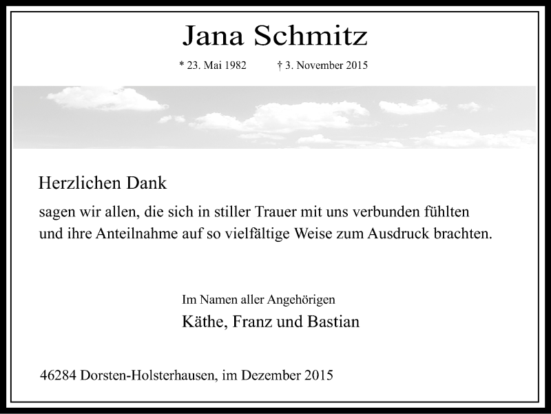  Traueranzeige für Jana Schmitz vom 10.12.2015 aus Ruhr Nachrichten und Dorstener Zeitung