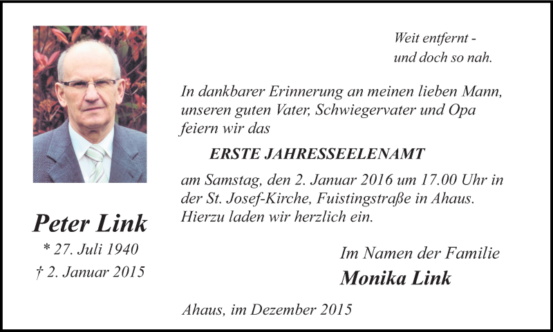  Traueranzeige für Peter Link vom 30.12.2015 aus Münstersche Zeitung und Münsterland Zeitung