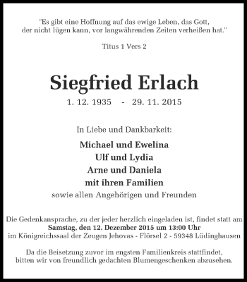 Traueranzeige von Siegfried Erlach von Ruhr Nachrichten