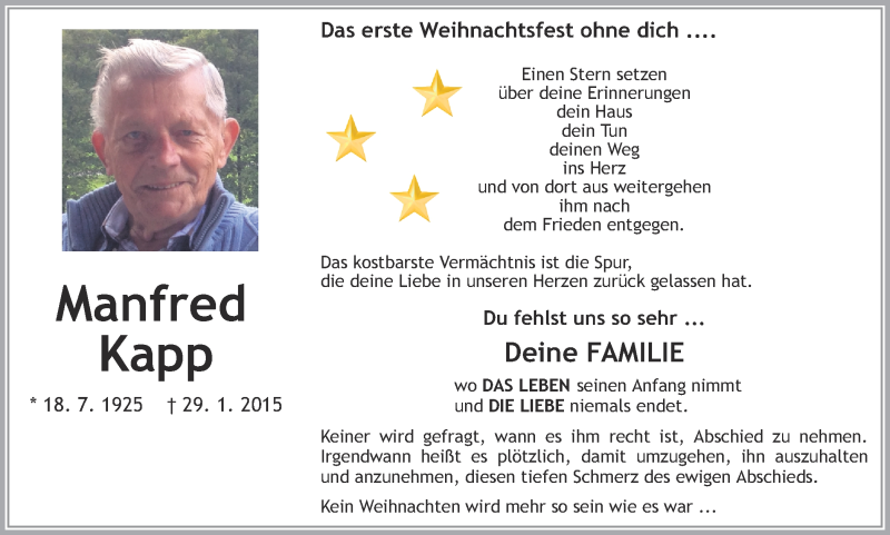  Traueranzeige für Manfred Kapp vom 24.12.2015 aus Ruhr Nachrichten