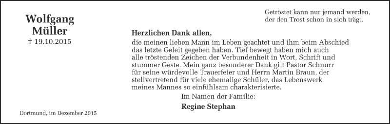  Traueranzeige für Wolfgang Müller vom 09.12.2015 aus Ruhr Nachrichten