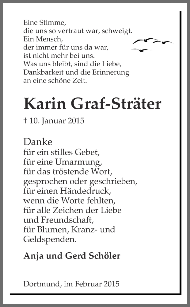  Traueranzeige für Karin Graf-Sträter vom 14.02.2015 aus Ruhr Nachrichten