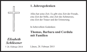 Traueranzeige von Elisabeth Schlüsener von Ruhr Nachrichten