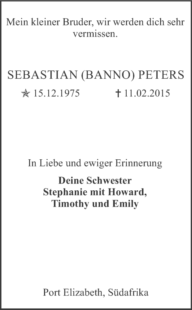  Traueranzeige für Sebastian Peters vom 21.02.2015 aus Ruhr Nachrichten
