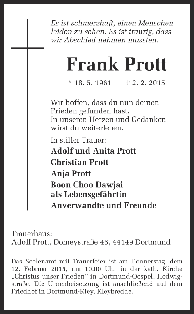  Traueranzeige für Frank Prott vom 07.02.2015 aus Ruhr Nachrichten