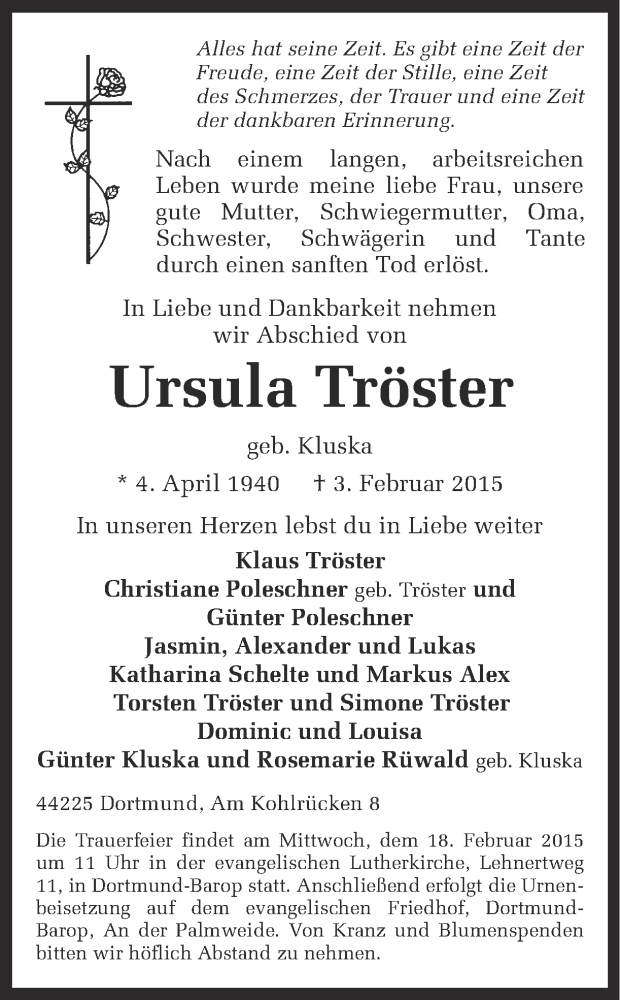  Traueranzeige für Ursula Tröster vom 14.02.2015 aus Ruhr Nachrichten