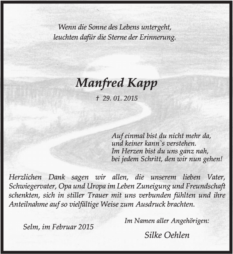  Traueranzeige für Manfred Kapp vom 21.02.2015 aus Ruhr Nachrichten