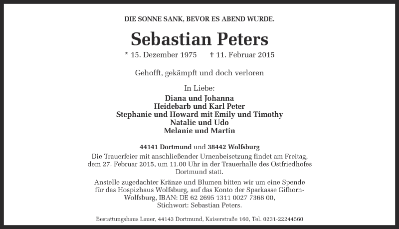  Traueranzeige für Sebastian Peters vom 21.02.2015 aus Ruhr Nachrichten