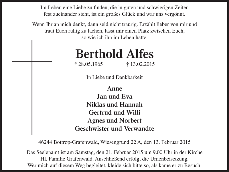  Traueranzeige für Berthold Alfes vom 18.02.2015 aus Ruhr Nachrichten und Dorstener Zeitung