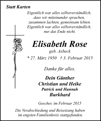 Traueranzeige von Elisabeth Rose von Münstersche Zeitung und Münsterland Zeitung