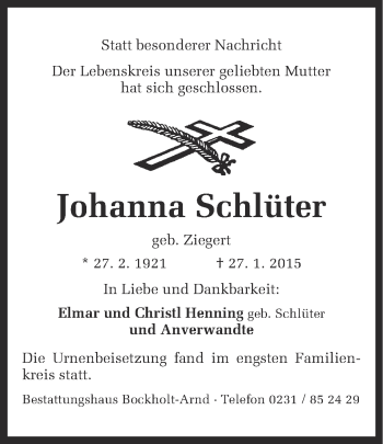 Traueranzeige von Johanna Schlüter von Ruhr Nachrichten