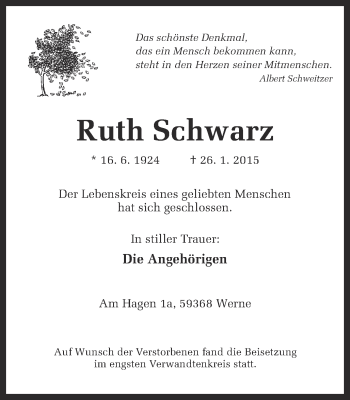 Traueranzeige von Ruth Schwarz von Ruhr Nachrichten