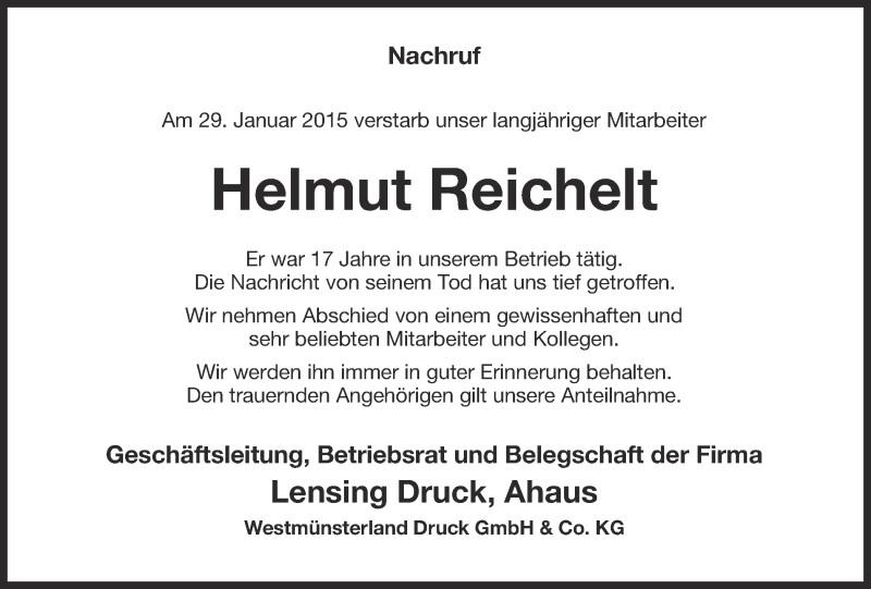  Traueranzeige für Helmut Reichelt vom 05.02.2015 aus Münstersche Zeitung und Münsterland Zeitung