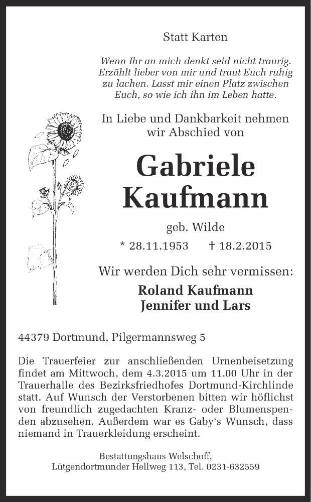  Traueranzeige für Gabriele Kaufmann vom 21.02.2015 aus Ruhr Nachrichten