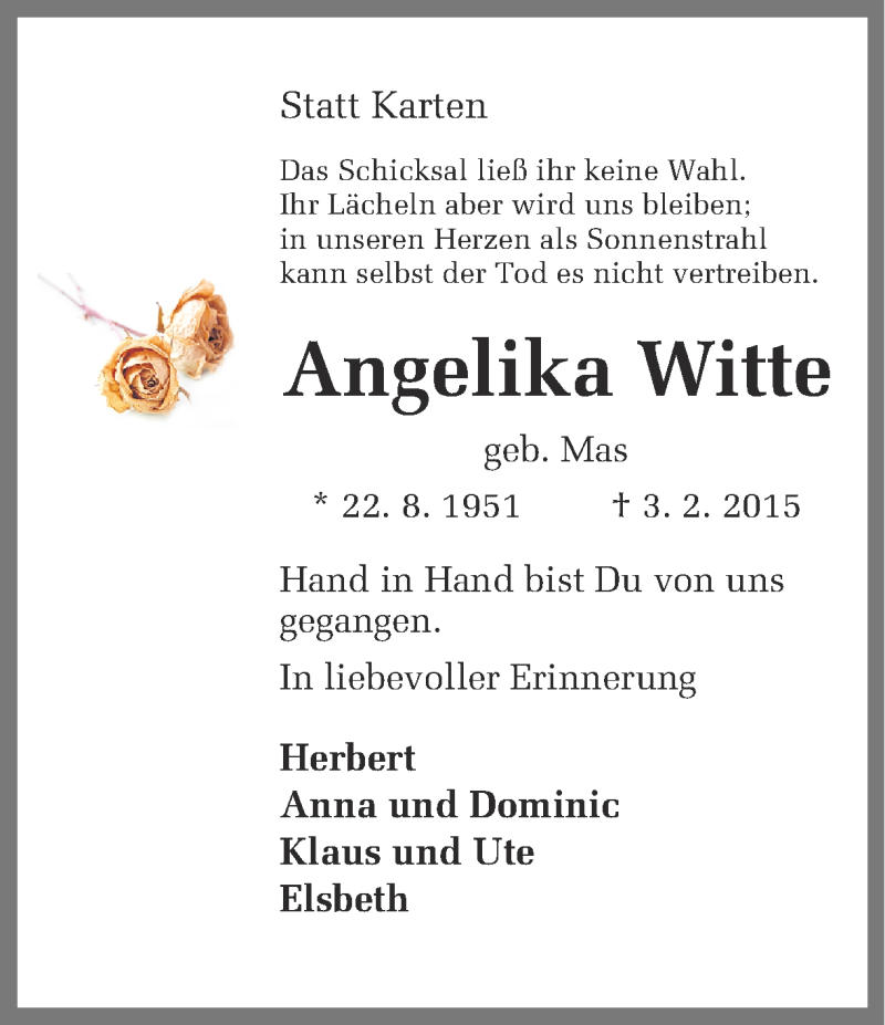  Traueranzeige für Angelika Witte vom 21.02.2015 aus Ruhr Nachrichten