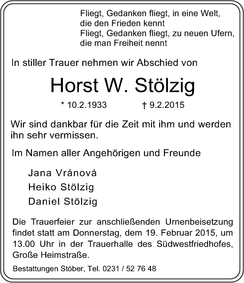  Traueranzeige für Horst Stölzig vom 13.02.2015 aus Ruhr Nachrichten