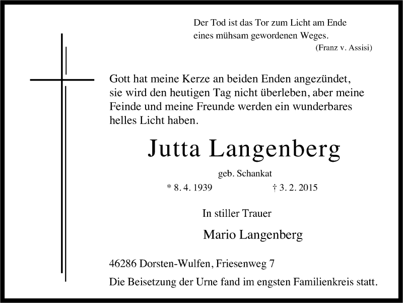  Traueranzeige für Jutta Langenberg vom 21.02.2015 aus Ruhr Nachrichten und Dorstener Zeitung