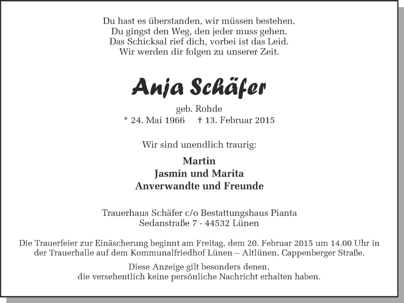  Traueranzeige für Anja Schäfer vom 17.02.2015 aus Ruhr Nachrichten