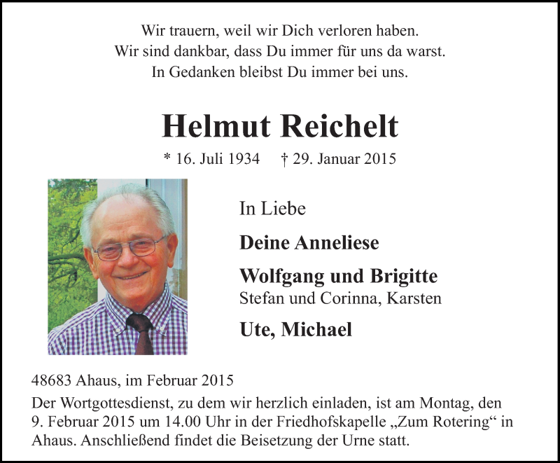  Traueranzeige für Helmut Reichelt vom 04.02.2015 aus Münstersche Zeitung und Münsterland Zeitung