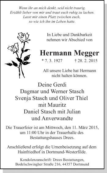 Traueranzeige von Hermann Megger von Ruhr Nachrichten