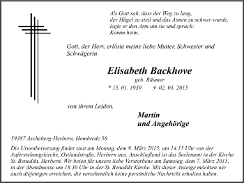 Traueranzeige von Elisabeth Backhove von Ruhr Nachrichten