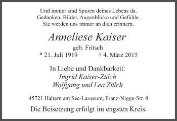 Traueranzeige von Anneliese Kaiser von Ruhr Nachrichten und Halterner Zeitung