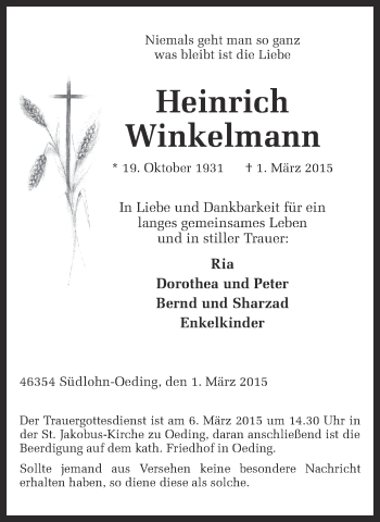 Traueranzeige von Heinrich Winkelmann von Münstersche Zeitung und Münsterland Zeitung
