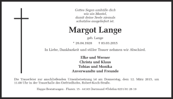 Traueranzeige von Margot Lange von Ruhr Nachrichten