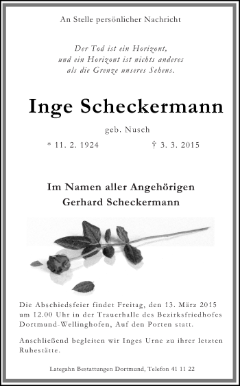 Traueranzeige von Inge Scheckermann von Ruhr Nachrichten