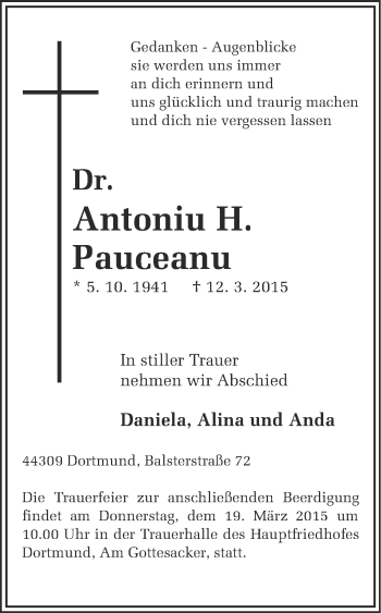 Traueranzeige von Antoniu H. Pauceanu von Ruhr Nachrichten