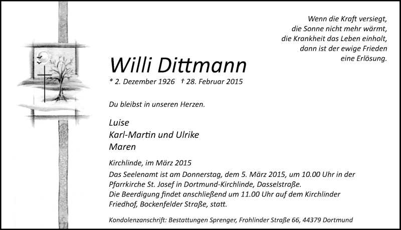  Traueranzeige für Willi Dittmann vom 03.03.2015 aus Ruhr Nachrichten