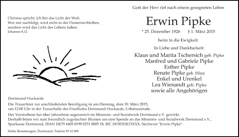 Traueranzeige für Erwin Pipke vom 07.03.2015 aus Ruhr Nachrichten