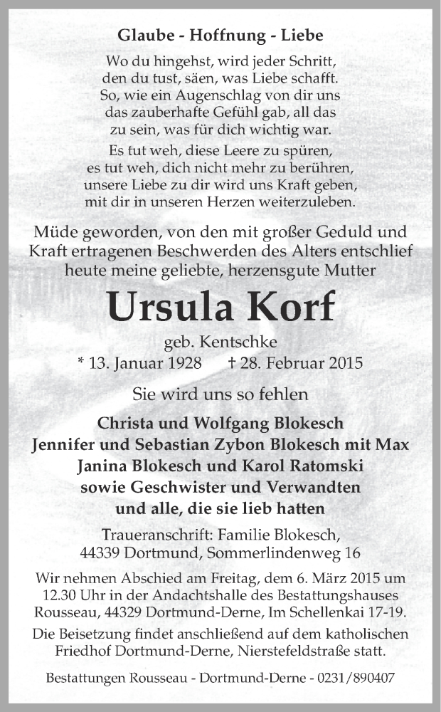  Traueranzeige für Ursula Korf vom 03.03.2015 aus Ruhr Nachrichten