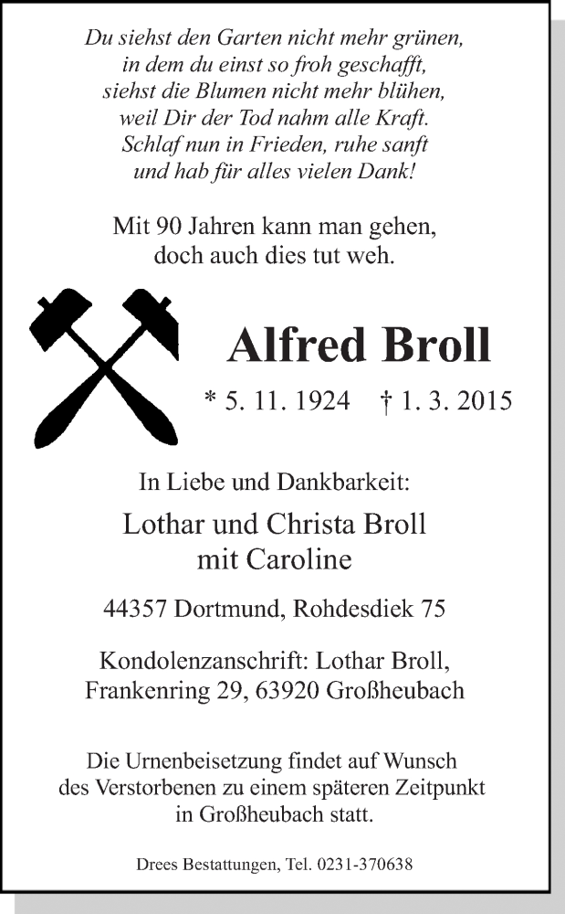  Traueranzeige für Alfred Broll vom 04.03.2015 aus Ruhr Nachrichten